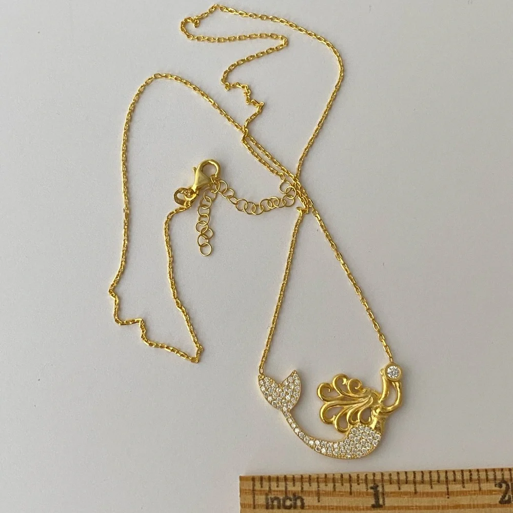 🧜‍♀️Mermaid 925 silver clear cz cubic zirconia necklace 18k yellow gold plated